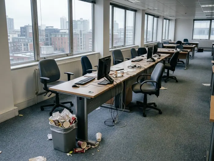 Après intervention. Postes dépoussiérés, moquette reprise, vitrages nettoyés sans traces.