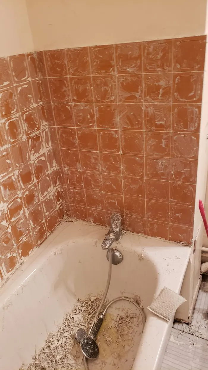 Faïence de la salle de bains encore recouverte de peinture, éclats accumulés dans la baignoire pendant le décapage.